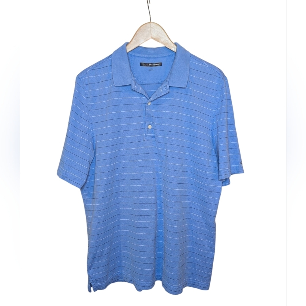 Greg Norman Polo Men's Large Blue Striped Golf Preppy 100% Cotton Shark Logo